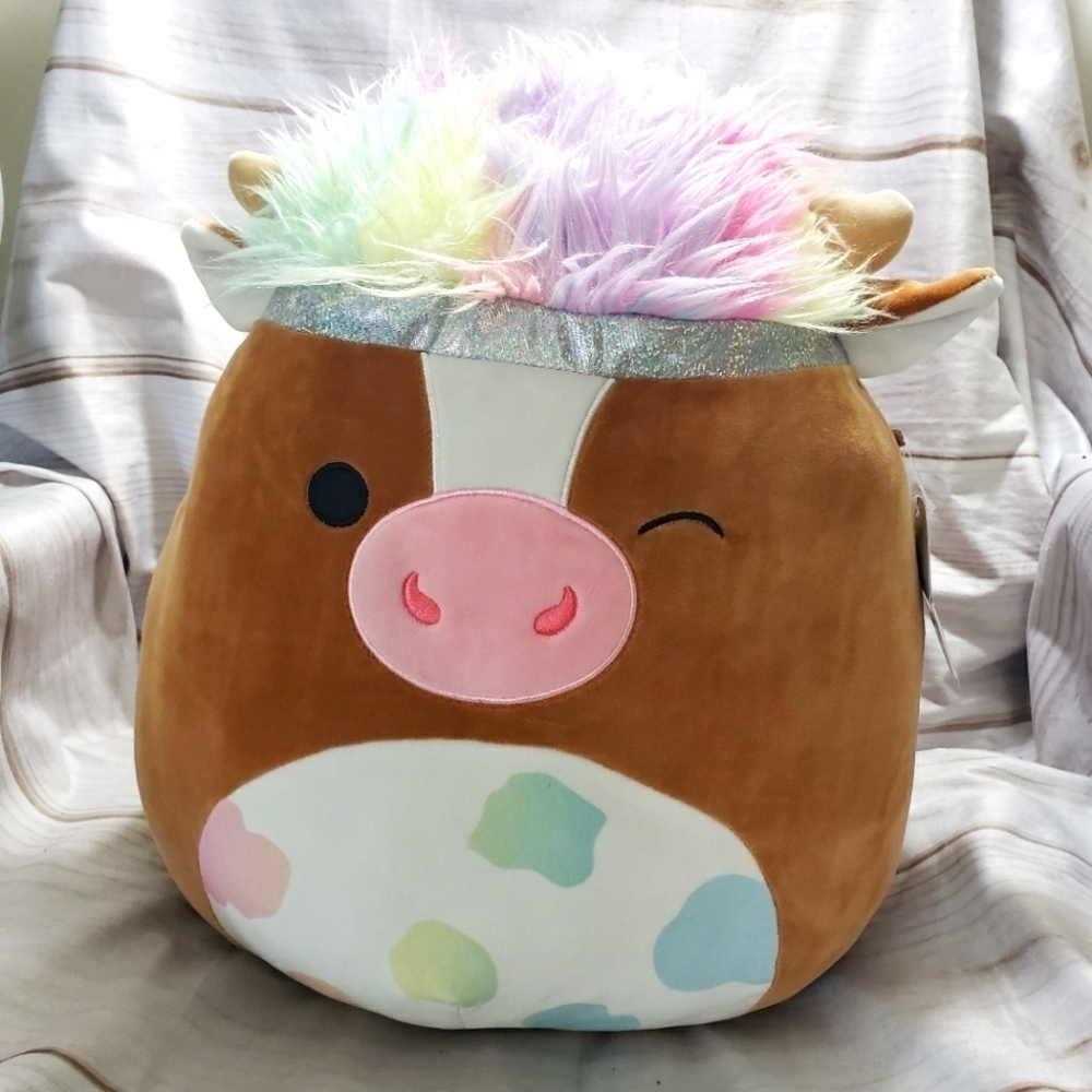 Squishmallows Sqish Doos Tomar Brown Cow 16" Plush Stuffed Animal Rainbow Hair